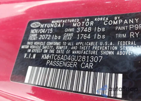 2016 Hyundai Veloster from USA, damaged, VIN KMHTC6AD4GU281307